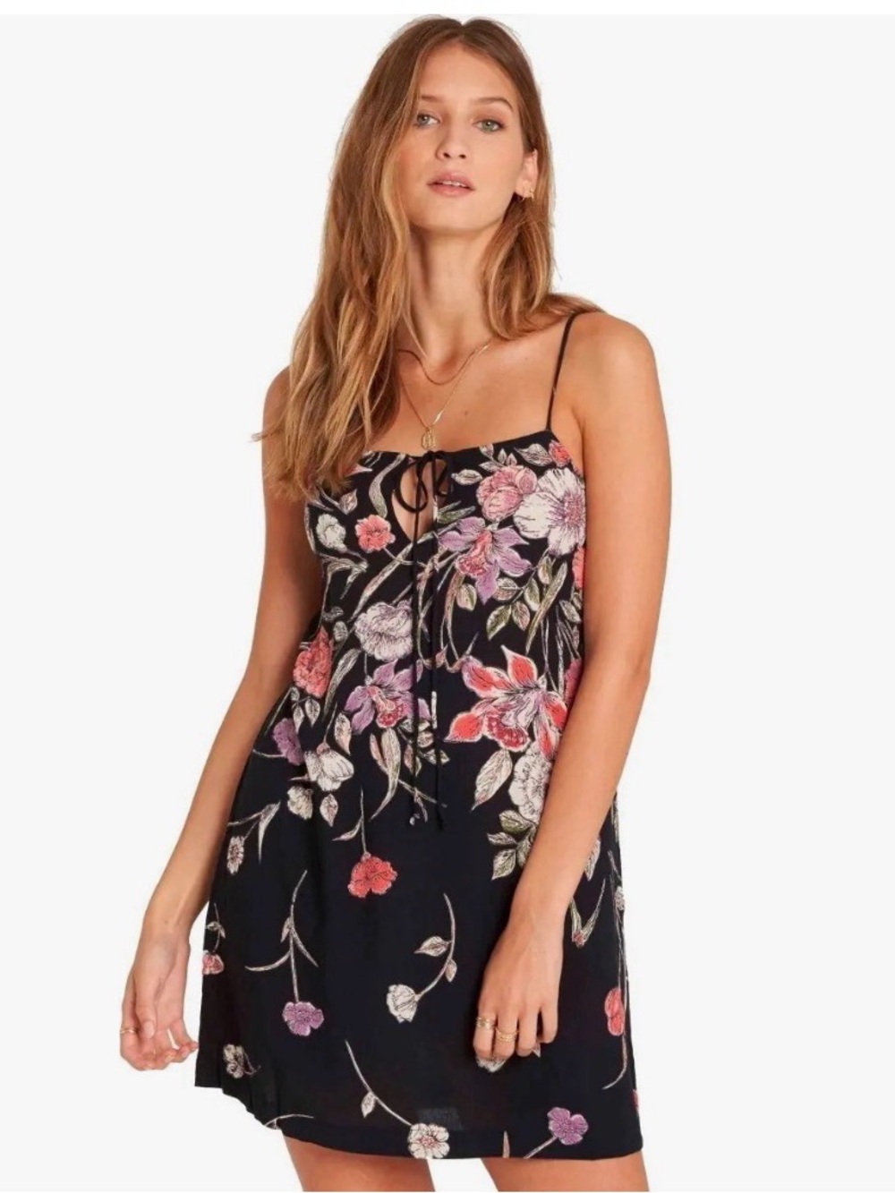 Billibong Black Floral Tie-Front Slip Dress